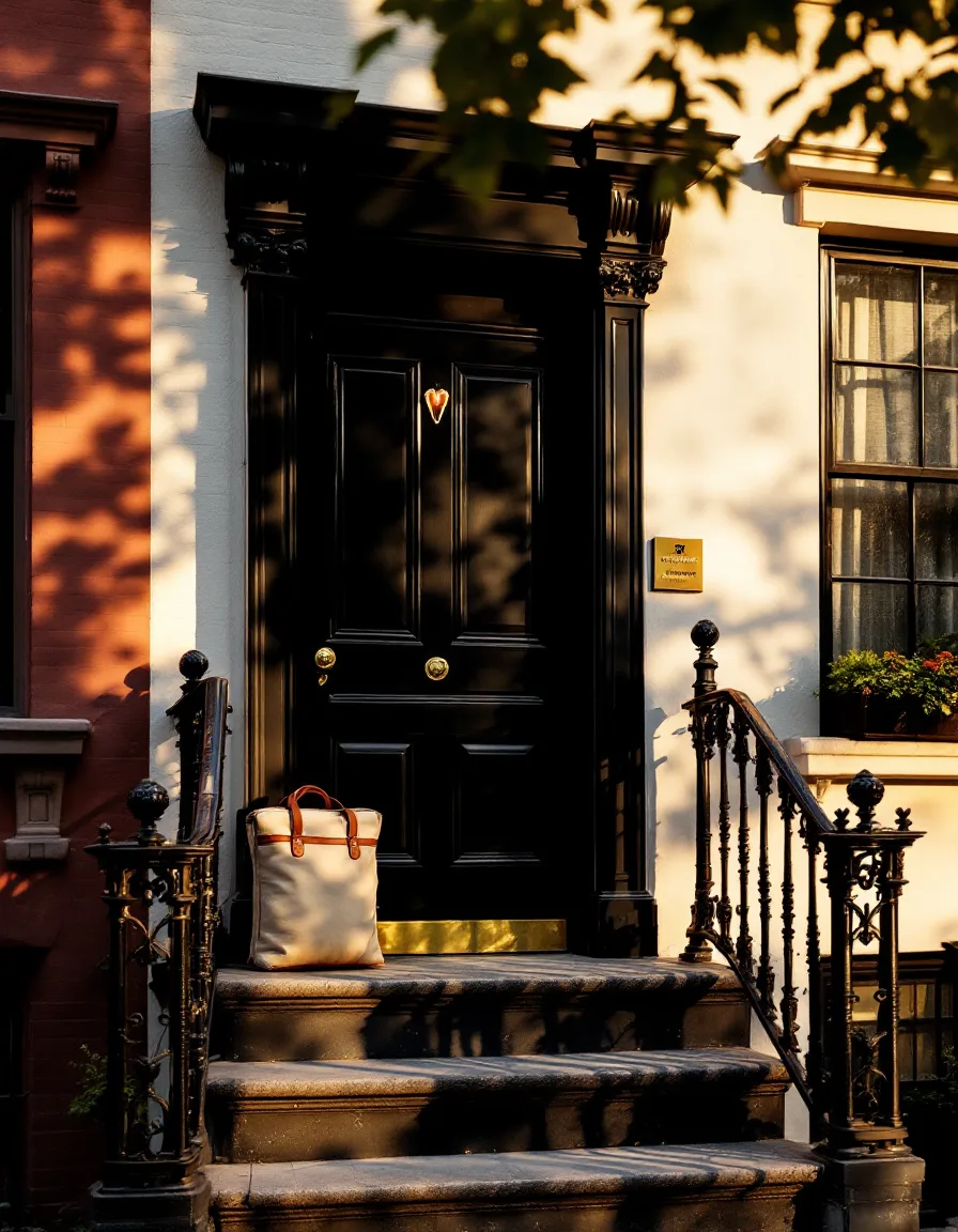 A brownstone dental practice on a Manhattan side street at golden hour, a laptop bag resting on the stoop