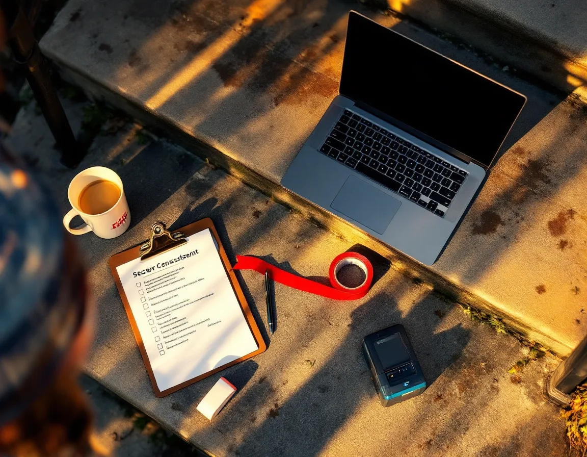 A laptop, checklist clipboard and roll of red tape on clinic steps in low evening sun