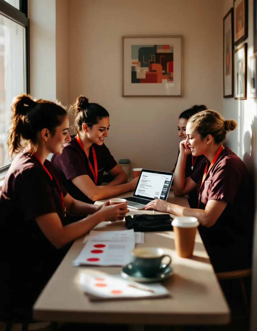 Dental practice staff around a break-room table reviewing a suspicious invoice email on a laptop before opening