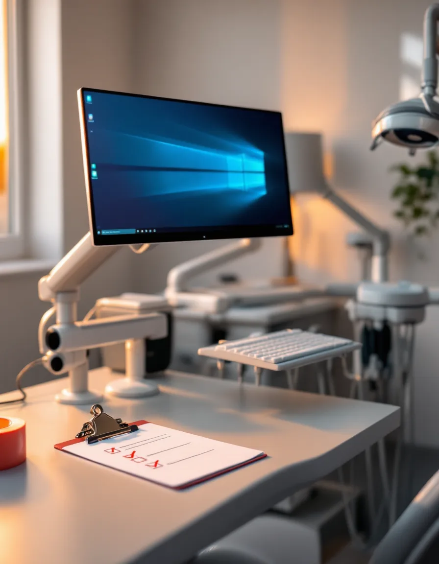 A dental operatory workstation showing a lock screen beside an empty chair, with a ticked checklist on the counter